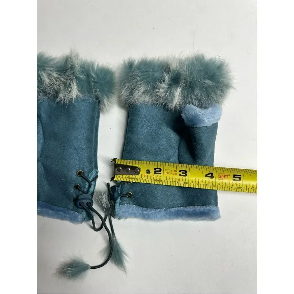 Women’s Faux Suede Fingerless Gloves Sky Blue One Size Rabbit Fur Trim Lace Up